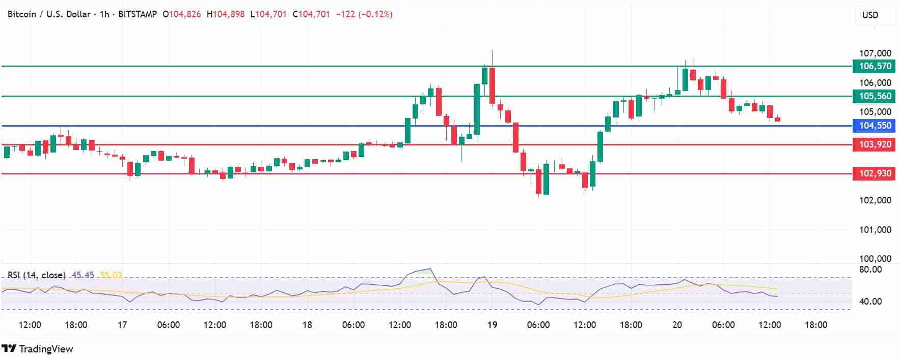比特币（BTC）的价格在周二的$ 105K大关下方下降了0.8％，这幅